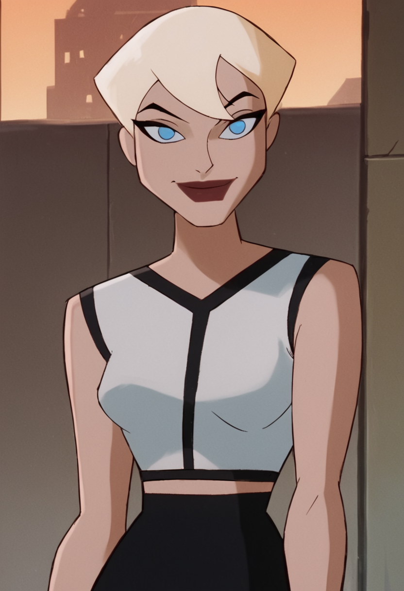 <lora:ChelseaBatmanBPony1.0:1> chelsea, 1girl, solo, blonde hair, short hair, white shirt, blue eyes, lipstick, black skirt, score_9, score_8_up, score_7_up, score_6_up, score_5_up, score_4_up, looking at viewer, smile,