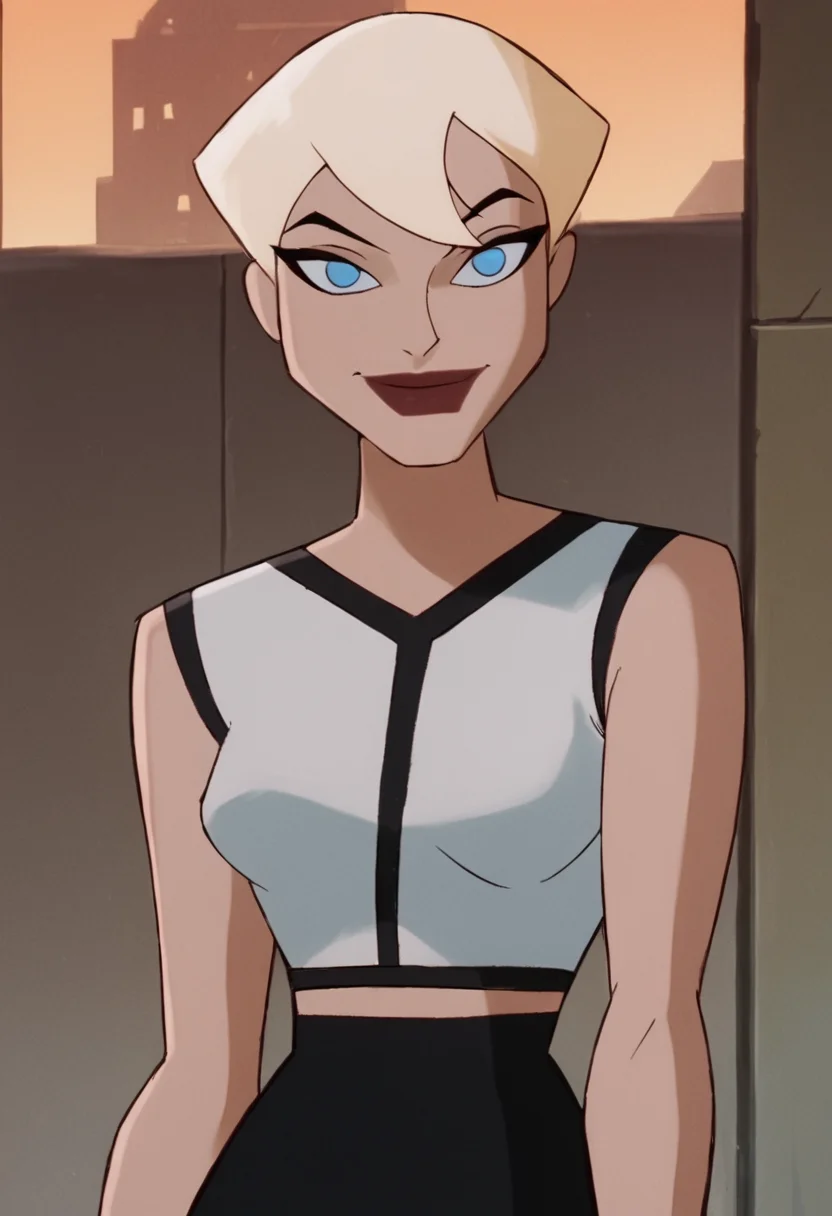 <lora:ChelseaBatmanBPony1.0:1> chelsea, 1girl, solo, blonde hair, short hair, white shirt, blue eyes, lipstick, black skirt, score_9, score_8_up, score_7_up, score_6_up, score_5_up, score_4_up, looking at viewer, smile,