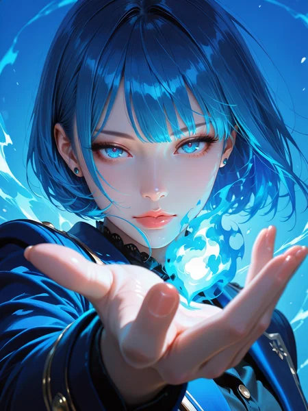 masterpiece, best_quality, amazing quality, newest, semi-realistic,
art style : watercolor painting .
1beautiful woman, 30 years old, thick lips, looking at viewer, expressionless, narrowed eyes. bobcut. wearing multiple stud earrings. blue flame from hand, hand view, perfect 5fingers, magic effect. simple blue background, dim, blue theme. shoot from side, face focus, foreshortening, dynamic composition, dynamic angle. no lineart.
<lora:Add-cfg_scale_boost:0.4>