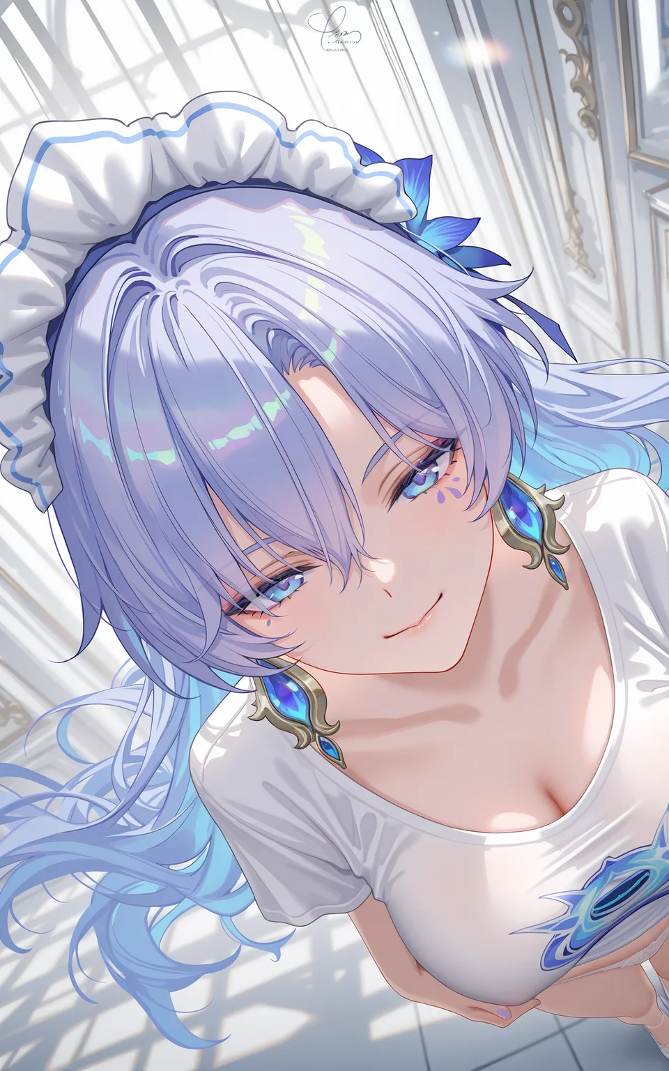 8k,best quality,masterpiece,(ultra-detailed),(high detailed skin),((artist:reoen),(artist:fuzichoco),(artist:atdan),(artist:torino_aqua),year 2024:0.8),[artist:wlop],[artist:ningen_mame],artist:ciloranko,[[artist:rhasta]],artist:tidsean,colorful,
<lora:xl-ill-cantarella(wuthering waves)-v1-000010:0.8>,cantarella\(wuthering waves\),1girl,solo,blue eyes,long hair,jewelry,earrings,closed mouth,blue hair,smile,hair between eyes,maid headdress,
Tempting smile,Trim T-shirt,Top T-shirt,bottom underwear,peace sign,from above,standing,Sexy posture,Dynamic Angle,sexy,cute underwear,skin detail,face detail,masterpiece,best quality,absurdres,very aesthetic,