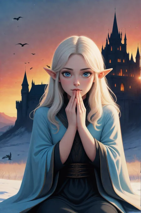 close up shot of a elven woman in a glowing magical robe covered runes, covering her face with her hands, She is sitting in a field lightly dusted with snow, a huge dark castle is visible in the background, blond hair, light blue skin tone, perfectly drawing hands, red sky, black crows are circling in the sky, LegendDarkFantasy, in the style of flat shading, by style Gemma Correll, 2d animation,