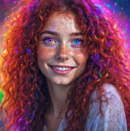 rainbow eyes, multicolored eyes, beautiful, 1girl, (freckles), big smile, ruby eyes, long curly hair, dark makeup, hyperdetailed photography, soft light, head and shoulders portrait, cover,8k,  masterpiece <lora:rainbow_iris_v2:0.6>