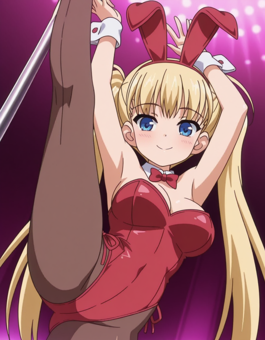 masterpiece, best quality, amazing quality,, <lora:airi-akizuki-ova-illustriousxl-lora-nochekaiser:1>, airi akizuki, long hair, blue eyes, blonde hair, twintails, mature female, breasts, anime screencap, <lora:pole-dancing-standing-split-illustriousxl-lora-nochekaiser:1>, pole dancing, standing split, leg up, standing, split, standing on one leg, pole, stripper pole, holding pole, arms up, blush, smile, playboy bunny, bunny ears, leotard, wrist cuffs, detached collar, highleg leotard, pantyhose,