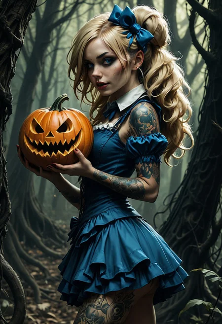 hyperdetailed photorealistic, 1girl, (sexy:1.5), (slutty:1.5), seductive, smile, white teeth, pointy teeth, parted lips, an evil Alice from Disney's Alice in Wonderland, (mad smile), a large carved and (glowing Halloween pumpkin) in her hands, blue eyes, large eyelashes, blue mascara and eyeshadow, skimpy frill blue dress, pale skin, pumpkin tattoos in her right breast, blonde hair, freckles, long twin tails tied with large light blue ribbons, side view, disheveled hair, messy hair, petite, natural small hanging breasts, expressive, teasing smile, narrow waist,one bare shoulder, cleavage, among a giant mushroom evil forest, intricate and detailed background