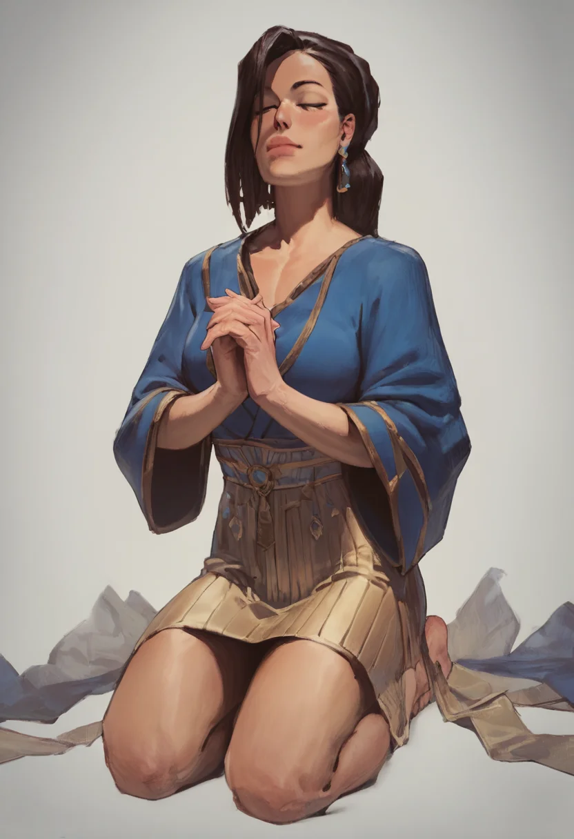 source_cartoon, score_9, score_8_up, score_7_up, 1girl, solo, Kneeling with hands clasped in prayer, perspective, (Cobalt blue sarashi), dark blond hair, feet_out_of_frame, rating_safe, <lora:pony\artist_styles\irn_pony:1.0>