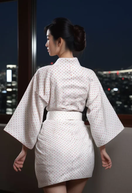 FOTOREALISTIC, night, long_straight black hair, sexy_beautiful japaneese_lady, tall, white_japaneese_kimono_with_big_round_red_dots, apartment, background window_tokio at night,  score_9, score_8_up, score_7_up, score_6_up, score_5_up, score_4_up, UHD, 8K, masterpiece, ultra-realistic, Ultra detailed photorealistic background, photoreal, realistic high detailed beautiful face, anatomic correct bodies, ultra_high_resolution, Extremely Realistic, lots of detail, emty_hands, hands_hidden, sexy_red_boots.