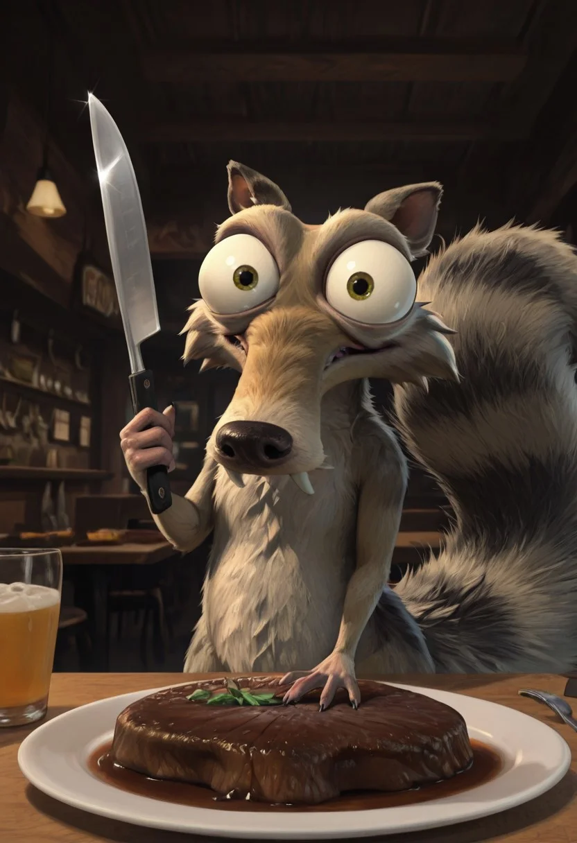 Masterpiece, absurdres, Scrat, solo, long snout, bushy tail, striped tail, bulging eyes, holding a knife and fork, about to a juicy steak, restaurant background,