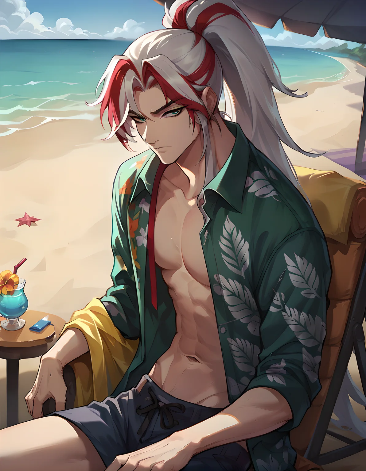 score_9, score_8_up, score_7_up, hs yone, long hair, green eyes, ponytail, white hair, male focus, red hair, 1boy, solo, streaked hair, <lora:Heartsteel_Yone_v1:0.85>, ( cowboy shot), beach, ocean, Hawaiian shirt, open clothes, sunny, sitting, chaise lounge