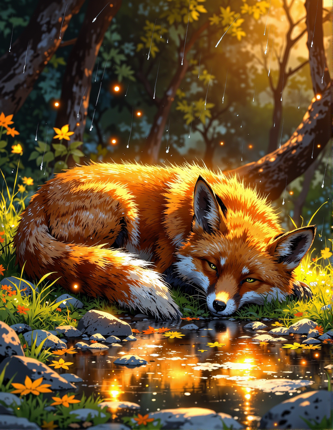 serene anime-style digital painting bathed in golden light. Picture a sleeping fox with orange and white fur curled up in a grassy area during a gentle rain.  The fox is positioned close to the ground, with its head resting on its paws. Raindrops are falling and creating ripples in a puddle of water in the foreground, which reflects the bright golden light from above. The background is blurred and suggests a natural outdoor setting. The overall mood is peaceful and cozy despite the rain, emphasized by the warm lighting and the fox's relaxed posture, <lora:Cozy_Paradise:0.8>, <lora:Vibrantly_sharp_style_v.2:0.8>, <lora:anhei_first_flux_lora_v1:0.4>, <lora:FluxMythP0rtr4itStyle:0.6>