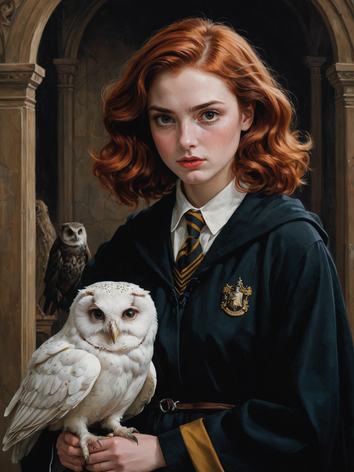 by Arturo Souto, by Brad Kunkle and wlop in the style of Daniel Merriam, solo, girl, cute 18 year old woman and her white pet owl, hufflepuff uniform,  scarf, digital painting, pale skin,highly detailed face, red hair, seducing facial expression,wearing a black robe, 1950s,dark background,warm colors, RAW candid cinema,16mm,color graded portra 400 film,remarkable color,ultra realistic,, captured on a (Nikon D850)defiant facial expression <lora:harry_potter_v1:1>
