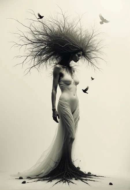 A surreal and haunting artwork that combines the human form with elements of nature. A lone figure, wrapped in translucent, flowing cloth, stands mid-pose in a minimalist setting. From the head and upper body, a large, intricate tree grows, its bare branches spreading wide, blending seamlessly with the figure's silhouette. The treeâs roots seem intertwined with the body, symbolizing a deep connection to nature. Dark birds fly around the treeâs branches, adding a sense of movement and mystery. The monochromatic color palette and soft, diffused lighting create a tranquil yet eerie atmosphere, while the figure appears to be suspended in space, grounded by only a faint shadow. <lora:- Flux1 - vanta_black_V1.0.safetensors:0.75>, <lora:Surrealist_CFH-000013.safetensors:1.0>, <lora:Ethereal Grace - s1 g4.safetensors:0.5>,