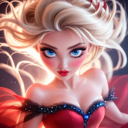 3D Fairytales, The image shows a woman with blonde hair and blue eyes wearing a red dress set against a dark background. Her face is animated giving the image a dynamic feel., 1girl, solo, blue eyes, eyelashes, makeup, looking at viewer, freckles, glowing, lips, blonde hair <lora:3D_FairytalesSDXL:1>