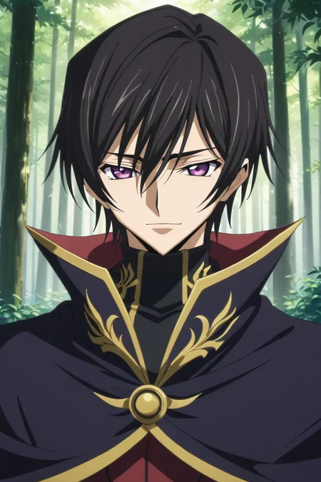 score_9, score_8_up, score_7_up, source_anime, rating_safe, intricate details, anime screencap, , , , , 1boy, solo, male focus, <lora:lelouch_lamperouge_pony:0.8>, lelouch_lamperouge, black hair, purple eyes, hair between eyes, bangs, , cape, profile, forest, noon, knees together feet apart, half-closed eyes, smile, , <lora:sdxl_lightning_8step_lora:1>