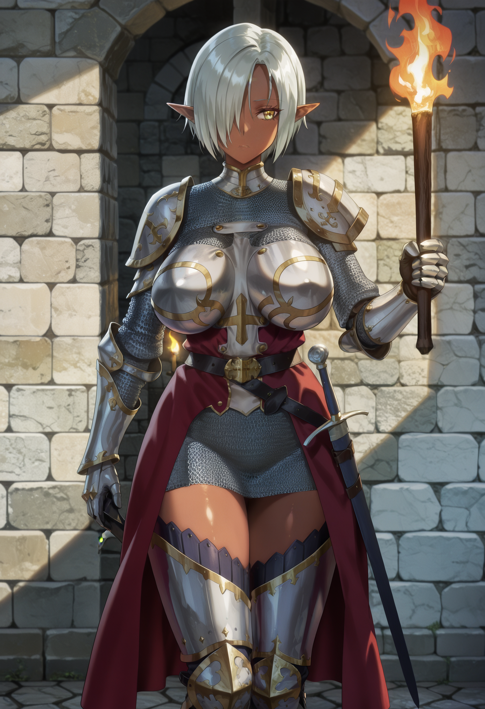 1girl, solo, (chainmail:1.1), Wiora Auris, silver hair, short hair, hair over one eye, yellow eyes, dark-skinned female, elf, large breasts, gauntlets, leg armor,
indoors, stone wall, torch, sword,
best quality, very aesthetic, masterpiece,