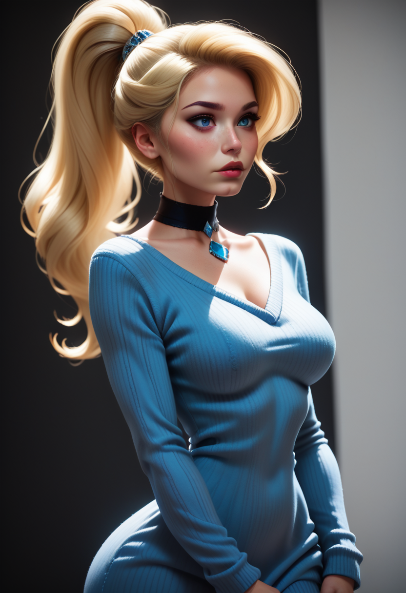 score_9, score_8_up, score_7_up,
1girl, solo, cowboy shot, sexy sweater dress, blue dress, scoop neck, long sleeves, black choker, sapphire choker jewel,
<lora:Dark_Sapphire_Pony_v0.1:0.5> d4rks4pph1r3, blonde hair, ponytail, blue eyes,