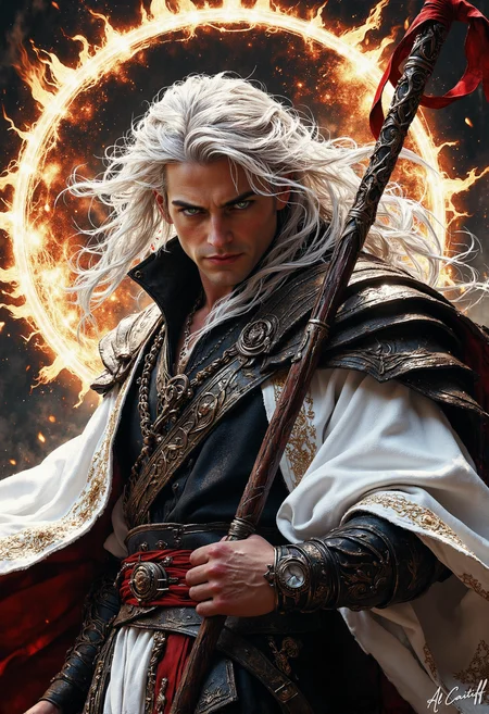High-angle shot, 50mm telephoto lens with slight barrel distortion, minimal motion blur on the subject's hair, deep f/4 depth of field. A man with long silver hair and a black leather jacket stands confidently in front of a large, stylized sun, wearing a flowing white robe with intricate golden embroidery. He holds a long, ornate staff in his right hand, with a crimson ribbon tied to the top. The man's left hand rests on the hilt of a sword at his waist, its blade gleaming in the sunlight. The subject's eyes are a piercing emerald green, and he wears a subtle, knowing smile., l1n0c2t, fg<lora:CustomFlux/MysticRealism.safetensors:1.0000000000000002:1.0000000000000002> <lora:CustomFlux/MysticFantasy.safetensors:0.25000000000000006:0.25000000000000006> <lora:Flux/Linocut - s1 g4.safetensors:0.25000000000000006:0.25000000000000006> <lora:Flux/Stylized-Super-Texture.safetensors:0.5000000000000001:0.5000000000000001>
