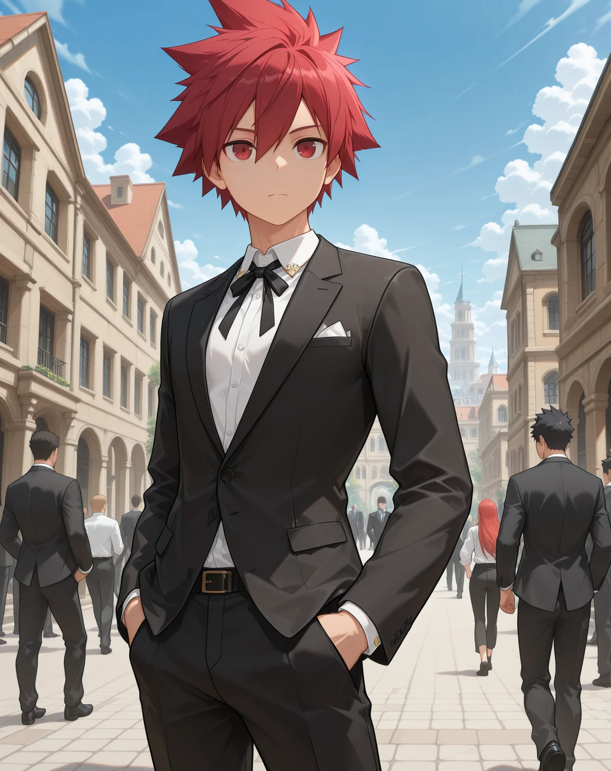 masterpiece,best quality,amazing quality, newest, very aesthetic, absurdres,
1boy, solo, yaoi, male focus, looking at viewer, cowboy shot, standing,
<lora:Elsword_Lord_Knight_ilxl:1> elswordlk, red hair, red eyes, spiked hair, adult,
formal, tuxedo, neck ribbon, white shirt, collared shirt, black pants, shoes, black footwear, suit jacket, black jacket,
outdoors, day, blue sky, building, people,