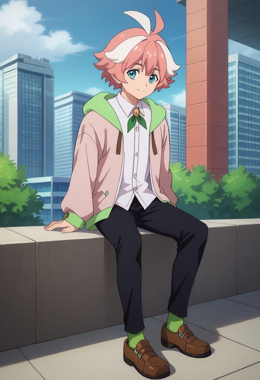 score_9, score_8_up, score_7_up, source_anime, highly detailed, 

itsuki, 1boy, male focus, solo, blue eyes, green socks, pink hair, multicolored hair, brown footwear, shirt, pants, hood, white hair, shoes, jacket, white shirt, ahoge, streaked hair, collared shirt, two-tone hair, closed mouth, long sleeves, black pants, pink jacket, ribbon, neck ribbon, green ribbon,

outdoor, building, sky, sit, posing for a photo, smile,