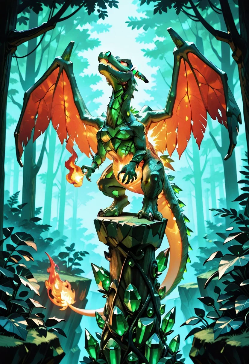 masterpiece, best quality,
zzCrystalKing, charizard fusion, emerald crystal skin, leafy wing veins, glowing chlorophyll core, flame tail blooming with vines, ancient forest, high perch, perched stance, dappled sunlight, wild and regal — Among towering ancient trees, the emerald crystal-charizard perches on a moss-covered cliff. Its wings gleam with leafy fractals embedded in crystal, veins glowing with green light. Vines wrap around its flame tail, flickering like fire and flora in perfect balance. Its body pulses with life energy, facets of emerald catching beams of dappled sunlight. It watches over the forest like a dragon deity, both predator and protector, wild and majestic.