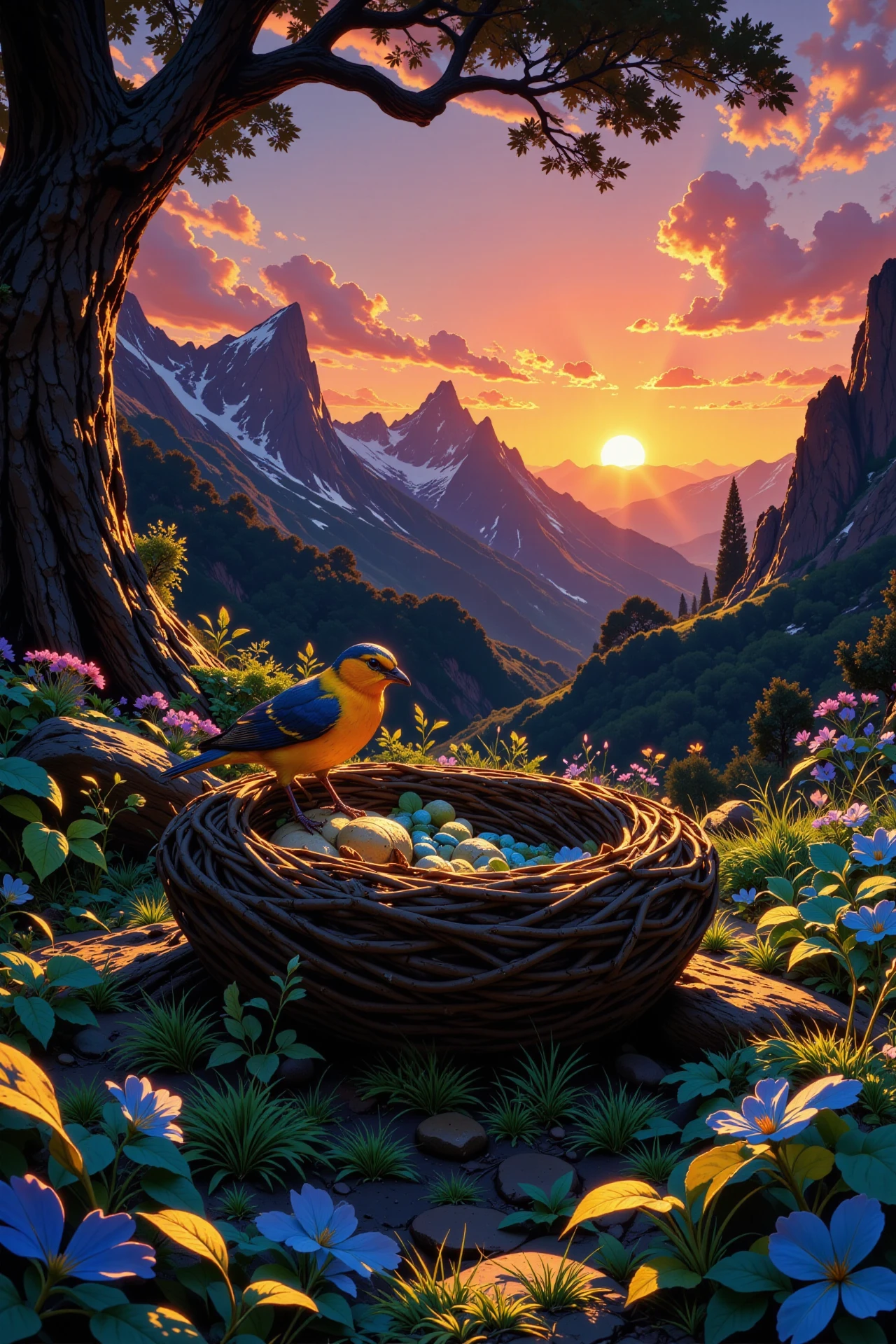 a cozy and lovely nest of sparrows beautiful  landscape, sunset, woman, very intricate, very detailed, sharp, bright, colorful, <lora:Hand v2:0.5> <lora:Anti-Blur:1><lora:Insane Detail Slider:0.25>  <lora:flux.1_lora_flyway_Epic-detail_v2:0.3> <lora:fluxenhancer:0.25> <lora:ROWER:0.6> <lora:Anime art - Variant 3:0.6> Anime art