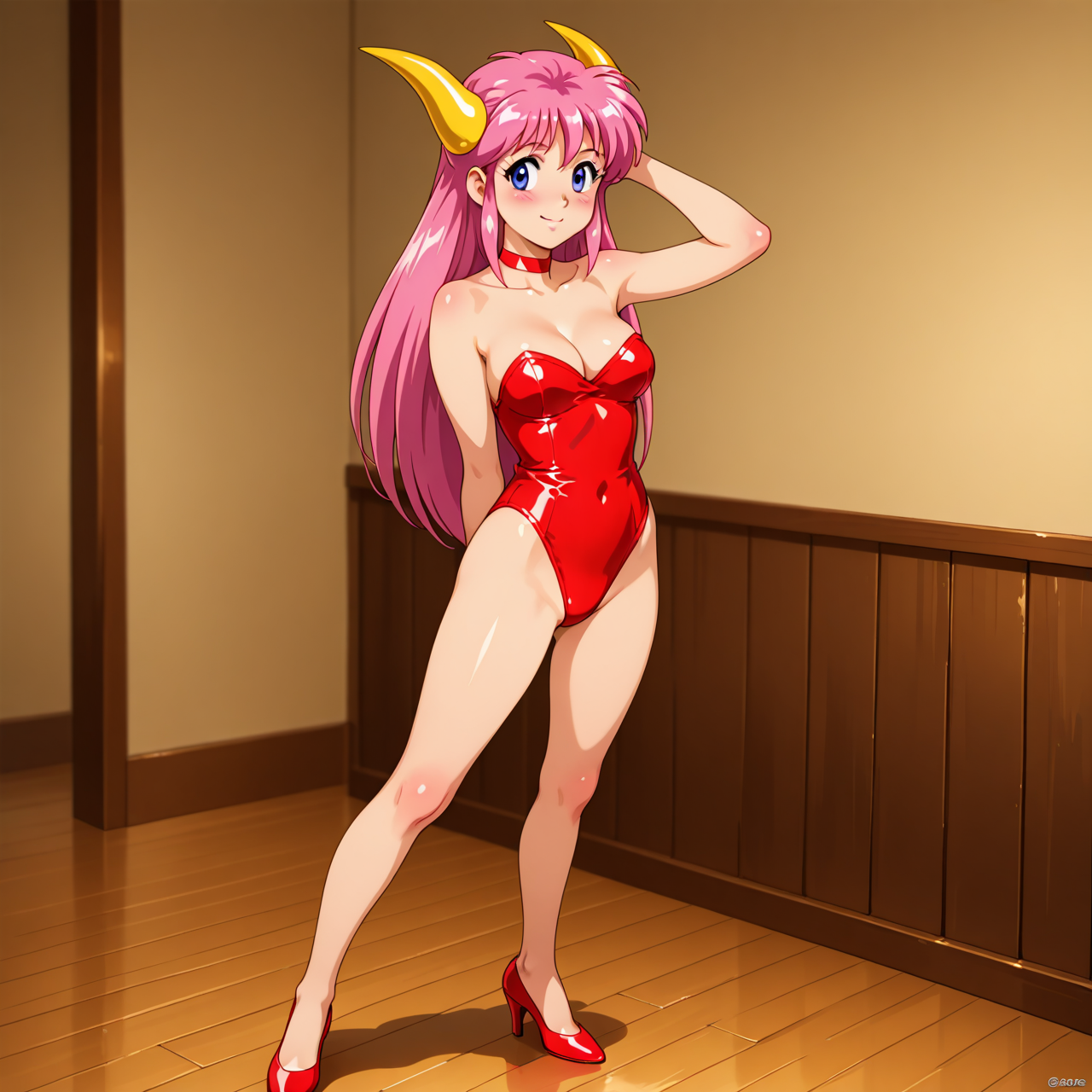 [generated by waiNSFW_v120:100]
<lora:gesen-musume-IL_v1:0.4>gesen-musume, solo, 4K, anime coloring, BREAK
horn head, pink hair,
medium breasts,
red leotard, cleavage, strapless,
highheels,
smile,
standing,
blush,
masterpiece, beautiful face, best quality