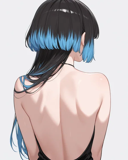 masterpiece, best quality, highres, simple background, back,
1girl, jfcut, long hair, multicolored hair, 
<lora:jellyfish_haircut_il_v1:0.5>