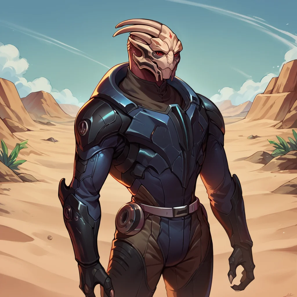 score_9, score_8_up, score_7_up, score_6_up, score_5_up, score_4_up, METurianM, 1boy, alien, black armor, black facepaint, red eyes, jumpsuit, horns, desert, science fiction, sand dunes, cowboy shot <lora:METurianPonyV6MF-03:1>