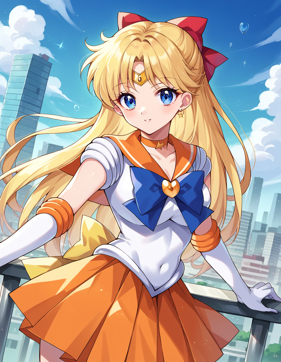 score_9, score_8_up, score_7_up, source_anime,
sailorvenus, <lora:sailor-venus-ponyxl-lora-nochekaiser:1>
sailor venus, blonde hair, blue eyes, bow, hair bow, half updo, long hair, red bow, tiara,
back bow, choker, elbow gloves, gloves, jewelry, magical girl, orange choker, orange sailor collar, orange skirt, sailor collar, sailor senshi uniform, school uniform, serafuku, skirt, white gloves,
outdoors, cityscape,
looking at viewer, cowboy shot, dutch angle,