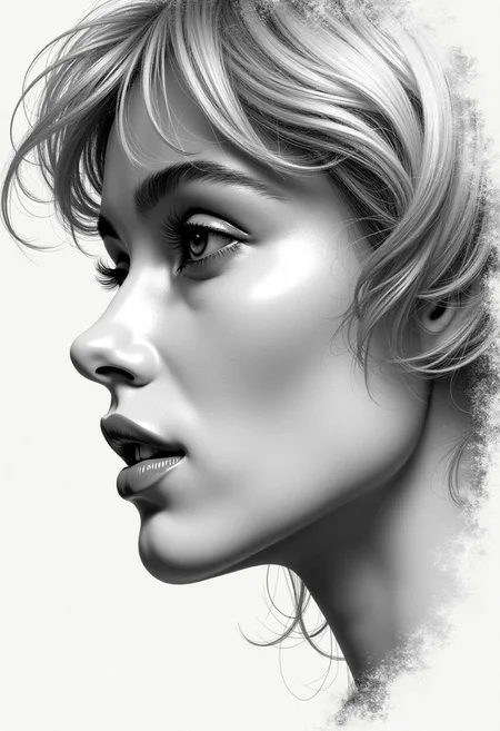 The image is a highly detailed sketch art of a woman face, view at side, focusing on the eyes, nose, and teeth. The artwork is done in black and white, with subtle shading that gives the hair and skin a lifelike appearance. view 3/4 down