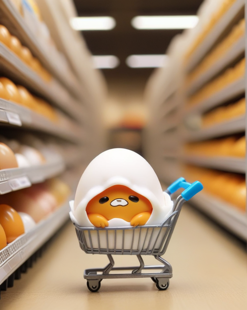 chibi gudetama, small cute, dressed in egg shell armor, standing in a shopping kart,
<lora:gudetama-sdxl-v1:0.7>,  <lora:zhibi:1>, zhibi