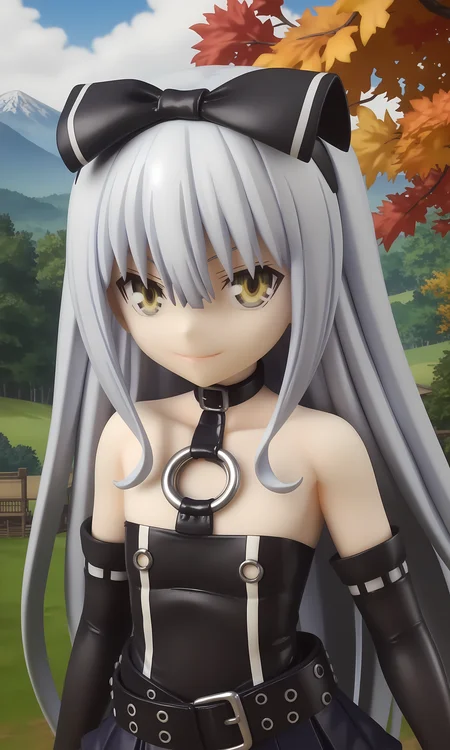 score_9, score_8_up, score_7_up, source_anime, highly detailed figure,looking at viewer, shiny skin, upper body, light smile, petite,ohwx, grey_hair, long_hair, yellow_eyes, collarbone, very_long_hair, grey_eyes, hair_between_eyes, white_hair, short_hair, flat_chest, breasts,bare_shoulders, choker, bow, hair_bow, collar, ribbon, dress, skirt, black_bow, belt, black_dress, hair_ribbon, pantyhose, cosplay, gloves, elbow_gloves, black_pantyhose, hairband, thighhighs, shoes, necktie, pleated_skirt, o-ring, gothic_lolita, Japanese village nestled in the mountains, autumn colors, soft morning light, peaceful and secluded,<lora:sora_pony_sobsynapse-000003:0.9>