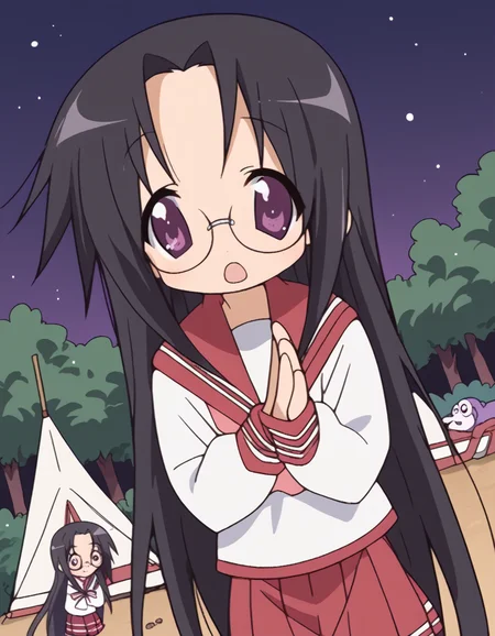 score_9, score_8_up, score_7_up, source_anime, <lora:hiyori-tamura-s1-ponyxl-lora-nochekaiser:1>, hiyori tamura, long hair, black hair, very long hair, purple eyes, glasses,, skirt, long sleeves, school uniform, pleated skirt, serafuku, sailor collar, neckerchief, red skirt, ryouou school uniform,, camping, bonfire, tent, stargazing, marshmallows, forest clearing, night, , <lora:x-arms-ponyxl-lora-nochekaiser:1>, x arms, blush, open mouth, leaning forward,, looking at viewer, solo,, dutch angle, cowboy shot