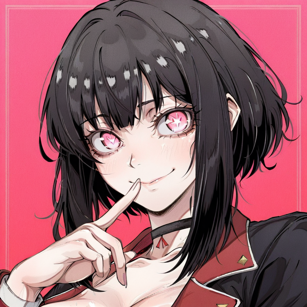 1girl, black hair, breasts, choker, portrait, finger to mouth, index finger raised, jacket, large breasts, long sleeves, looking at viewer, pink background, pink eyes, red background, smile, solo, symbol-shaped pupils, upper body<lora:Nova:1>