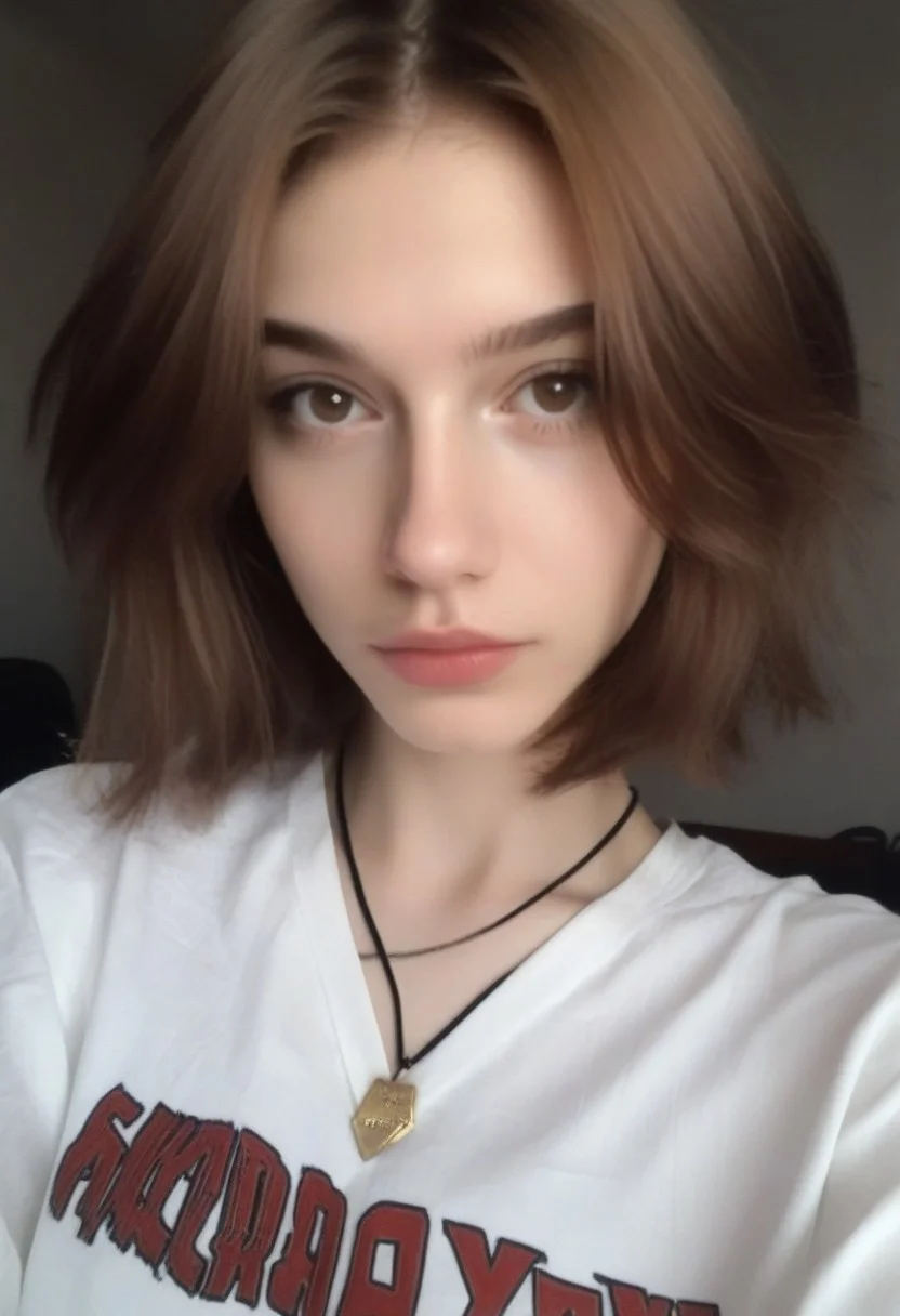 score_9, score_8_up, score_7_up, score_6_up, photo, grainy, amateur, lowres, 2000s nostalgia, webcam photo, flash, rsgrl, russian girl, cute russian girl, 1girl, solo, brown eyes, brown hair, jewelry, realistic, necklace, shirt, looking at viewer, short hair, white shirt, lips, mole, closed mouth