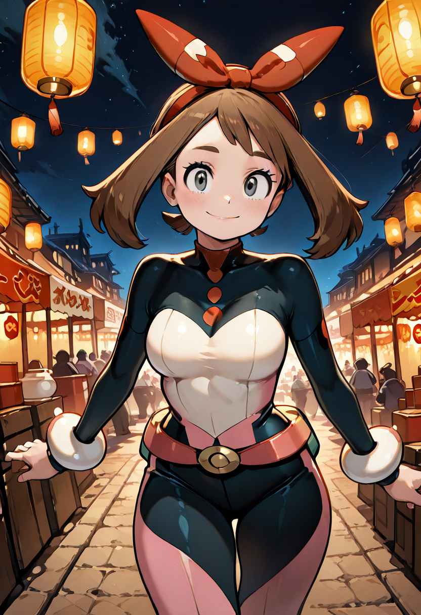 masterpiece, best quality, 1girl, solo, eyelashes, (beautiful eyes),     zzMayOchako, belt, bodysuit,   (dynamic pose, foreshortening),  ,<lora:MayOchakoPokemon_IXL:1.0>,  ,[], festival, paper lanterns, night, walking, slight smile. She strolls through a lantern-lit street during a nighttime festival, The flicker of paper lanterns reflects in her grey eyes, and a faint smile touches her lips. Casual grace that turns heads amid the festive crowd. wave, looking at viewer, smile,