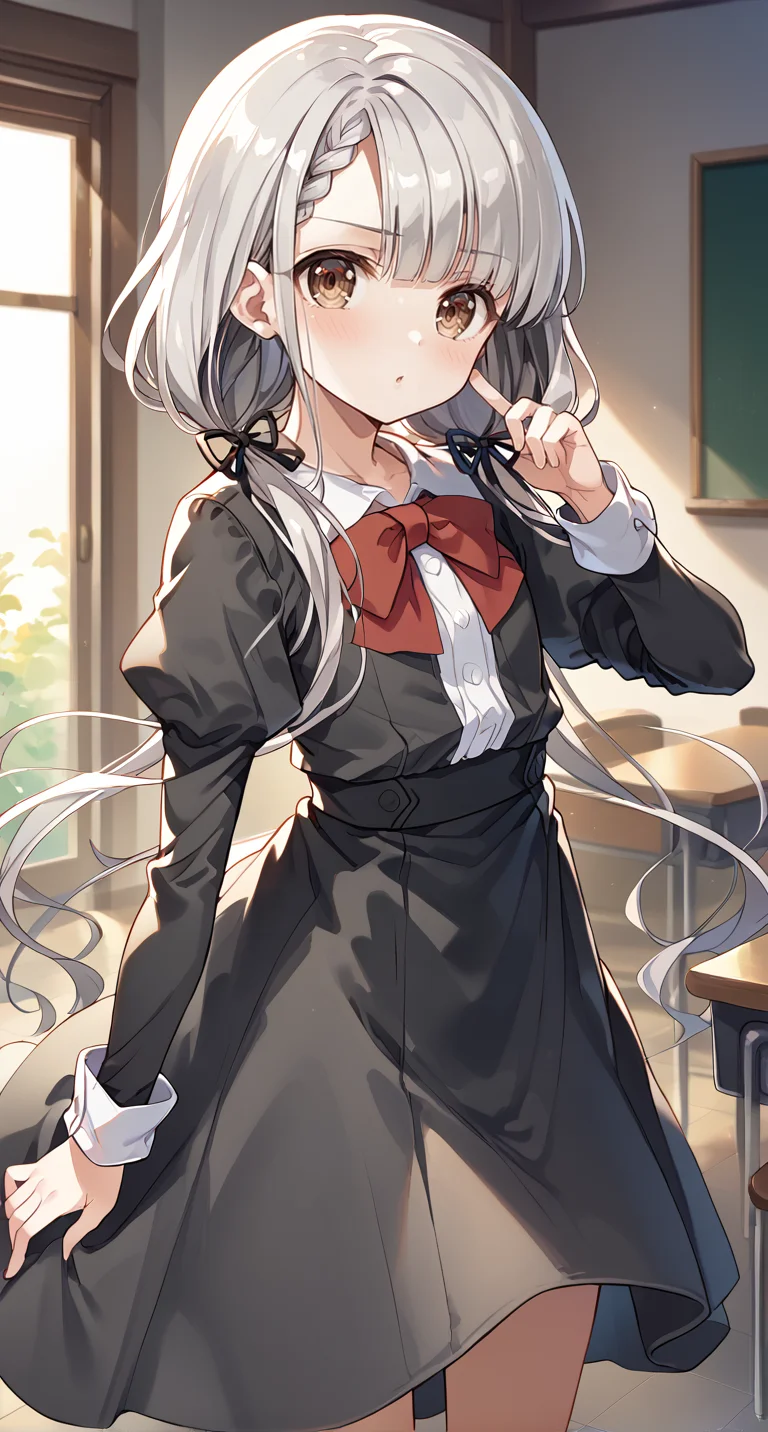 score_9,score_8_up,score_7_up,
official art,official style,game cg,megami magazine,
uncensored,
1girl,
hskwng school,hisakawa nagi,
asymmetrical bangs,bow,bowtie,braid,braided bangs,grey hair,hair ribbon,
juliet sleeves,long hair,long sleeves,puffy sleeves,red bow,red bowtie,ribbon,
twintails,black ribbon,blush,(brown eyes:0.8),collared shirt,
dress shirt,low twintails,shirt,skirt,white shirt,
black jacket,black skirt,black dress,
dress,
eyebrows visible through hair,
standing,
<lora:idolmaster_hisakawa_nagi_pony_v1.1:1>,