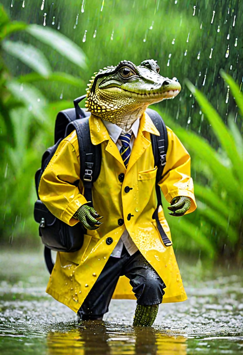 A captivating wildlife photograph captures a tiny baby crocodile braving a rainy day for its first school experience. The crocodile is dressed in an eye-catching, hyper-textured yellow raincoat and carries a small school backpack on its back. Dripping waterdrops enhance the wet and rainy atmosphere, while the lush greenery surrounding the creature adds to the enchanting scene. The baby crocodile's determined expression conveys a sense of courage and resilience, making this photograph both adorable and heartwarming., photo, wildlife photography