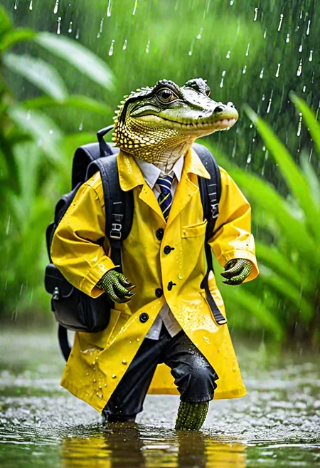 A captivating wildlife photograph captures a tiny baby crocodile braving a rainy day for its first school experience. The crocodile is dressed in an eye-catching, hyper-textured yellow raincoat and carries a small school backpack on its back. Dripping waterdrops enhance the wet and rainy atmosphere, while the lush greenery surrounding the creature adds to the enchanting scene. The baby crocodile's determined expression conveys a sense of courage and resilience, making this photograph both adorable and heartwarming., photo, wildlife photography