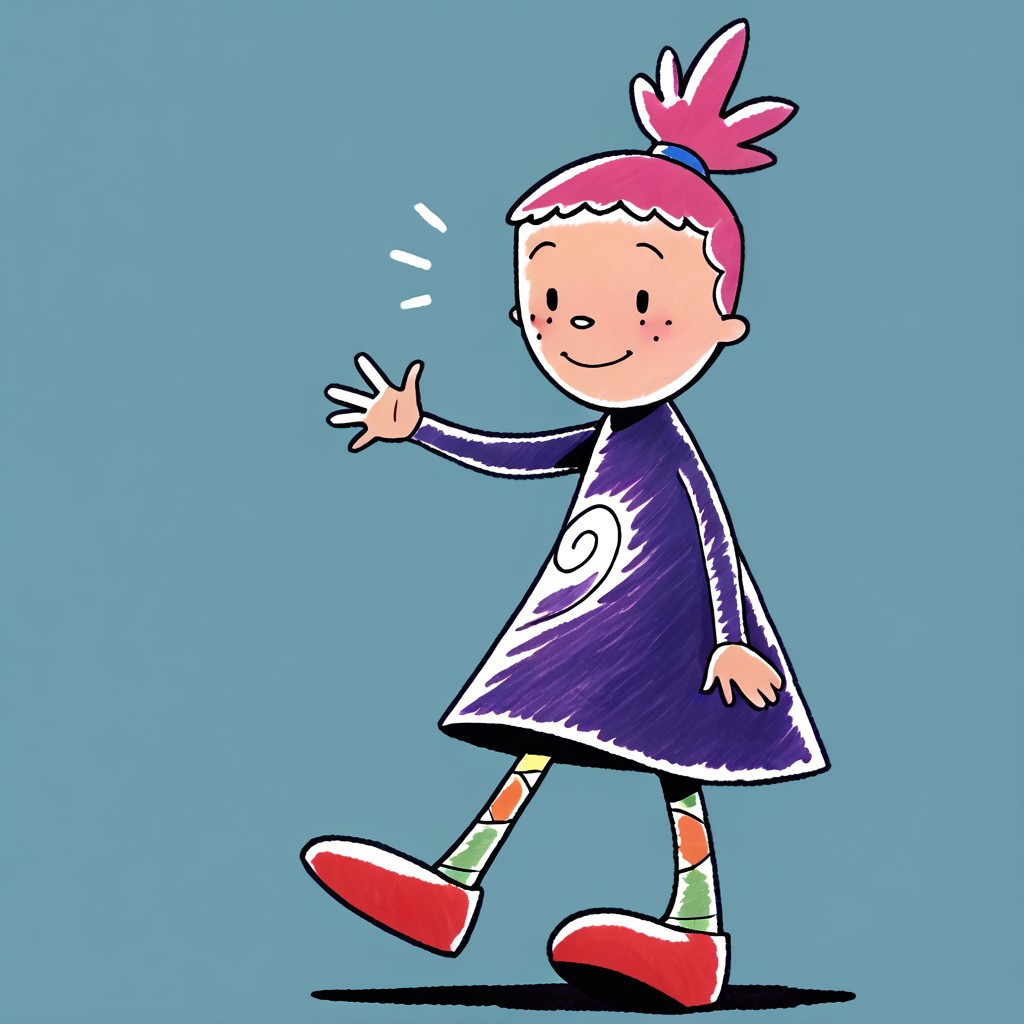 score_9, score_8_up, score_7_up BREAK PinkyDD, 1girl, pink hair, black eyes, freckles, ponytail, long-sleeved purple spiral dress, multicolor stockings, red shoes, full body, smiling at viewer,