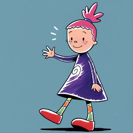 score_9, score_8_up, score_7_up BREAK PinkyDD, 1girl, pink hair, black eyes, freckles, ponytail, long-sleeved purple spiral dress, multicolor stockings, red shoes, full body, smiling at viewer,