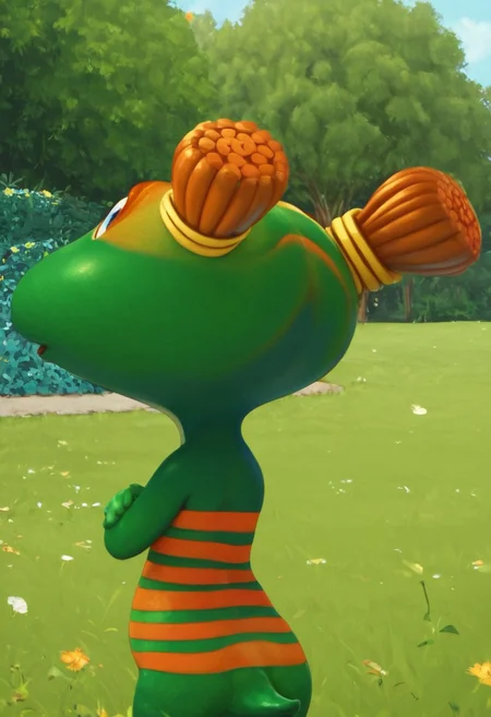 lulu zipadoo, 1girl, furry, anthro, (frog shaped head), green skin, blue eyes, orange eyelid, orange hair, yellow hair ties, pigtails, wide head, chibi, 3 oranges stripes around belly, plump, little tail, wide hips, short body, short legs, Expressiveh, realistic, 3d, score_8_up, score_7_up, BREAK, 1girl, solo, closeup, from behind, upper body, no shell, looking at viewer, park, looking back, detailed background, Expressiveh,