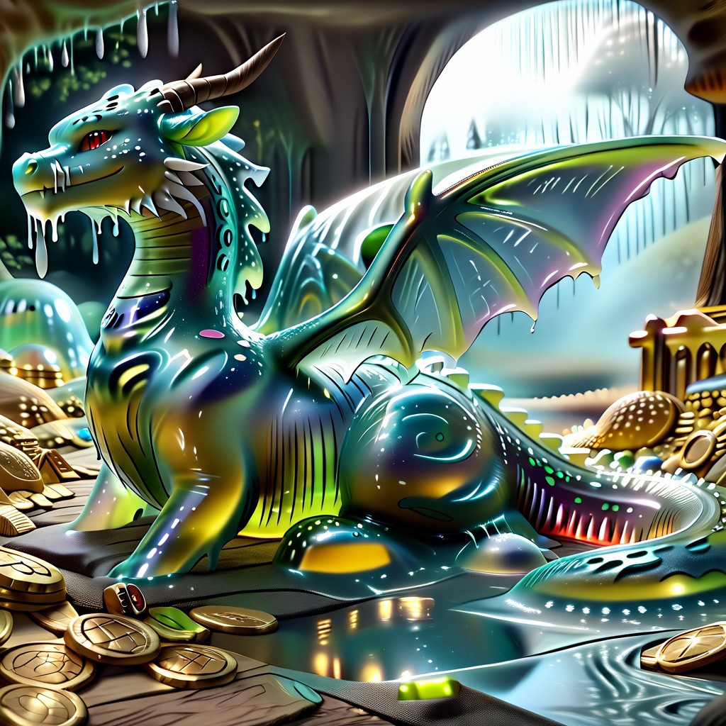 1dragon, highly detailed deep green and black  dragon, deep green and black dragon made out of slime, scaly deep green and black slime dragon, slime dragon with red eyes, deep green and black slime dragon laying in its hoard, green and black slime dragon with wings, dragon wings, detailed claws, detailed feet, detailed tail,
multi-colored gems made out of slime, in a room of treasure made out of slime, tiny gold coins and bars made out of slime, piles of tiny coins, piles of tiny gold slime coins, piles of gold slime, tiny gold slime coins, only tiny coins, translucent slime coins, 
treasure-room, treasure, gemstone, coins, gold bars, gold pile, 
everything made of slime, No simple background,
((translucent slime)), ((transparent slime)), (bioluminescent slime), sl1m3, slime, ais-blmn, watce, je11y, thickwater, great lighting, ral-lava, even lighting, no bright spots, saturated colors,