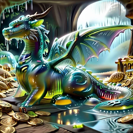 1dragon, highly detailed deep green and black dragon, deep green and black dragon made out of slime, scaly deep green and black slime dragon, slime dragon with red eyes, deep green and black slime dragon laying in its hoard, green and black slime dragon with wings, dragon wings, detailed claws, detailed feet, detailed tail,
multi-colored gems made out of slime, in a room of treasure made out of slime, tiny gold coins and bars made out of slime, piles of tiny coins, piles of tiny gold slime coins, piles of gold slime, tiny gold slime coins, only tiny coins, translucent slime coins,
treasure-room, treasure, gemstone, coins, gold bars, gold pile,
everything made of slime, No simple background,
((translucent slime)), ((transparent slime)), (bioluminescent slime), sl1m3, slime, ais-blmn, watce, je11y, thickwater, great lighting, ral-lava, even lighting, no bright spots, saturated colors,