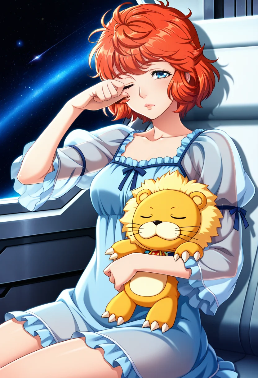 masterpiece,best quality,amazing quality,
srw_lefina, official art,
1girl, solo,
orange hair, red hair, fluffy hair, short hair, blue eyes, lips, medium breasts,
pajamas, dress, puffy sleeves, see-through sleeves, holding stuffed lion, see-through silhouette,
cowboy shot, looking at viewer, rubbing eye, one eye closed, sleepy,
spaceship interior, sitting, space,