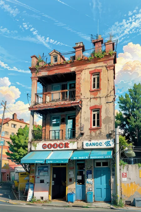 outdoors, sky, cloud, day, black hair, scenery, shirt, tree, blue sky, building, sign, no humans, power lines, white shirt, house, english text, railing, long hair, wide shot, short sleeves, utility pole <lora:airconditionerlora:1>