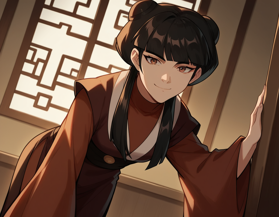 score_9, score_8_up, score_7_up, source_anime, <lora:mai-book2-ponyxl-lora-nochekaiser:1>, mai, sidelocks, long hair, black hair, lunt bangs, hair bun, double bun,, chinese clothes, turtleneck, long sleeves, wide sleeves,, indoors, bent over, smile, looking at viewer, solo, cowboy shot, dutch angle