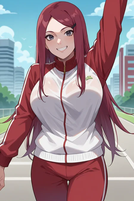 score_9, score_8_up, score_7_up, score_6_up, source_anime, 1girl, solo, <lora:kushina-pdxl-nvwls-v1-000004:1> kshna, red hair, long hair, hairclip, big breasts, anime screencap, red track jacket, red track pants, stretching, looking at you, sweat, city, smile