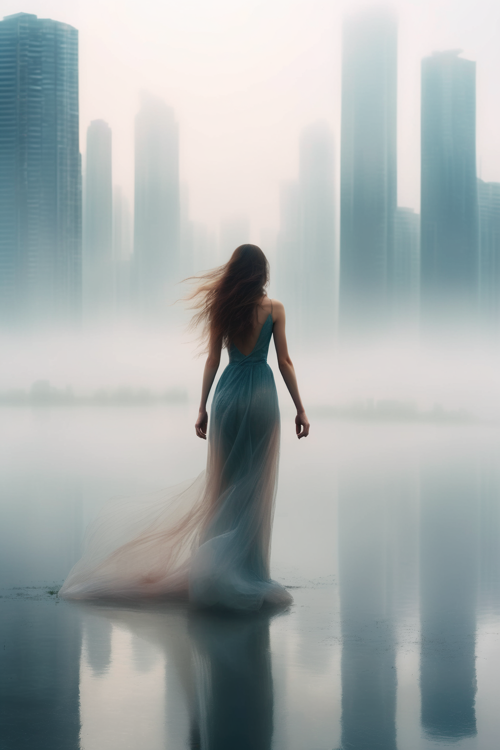 <lora:Elizabeth Gadd Style:1>Elizabeth Gadd Style - a distant urban lanscape with skyscrapers in the back and behind some slight fog, very far, a large lake in the middle and nothing but a beautiful woman in the front wearing an extremely long transparent dress that spreads all over the ground with a very long trail and having very long hair, turning her back to us, wearing a neon light umbrella under the rain, next to an empty and damaged bench, nothing else around, all mostly using neutral and blueish colors