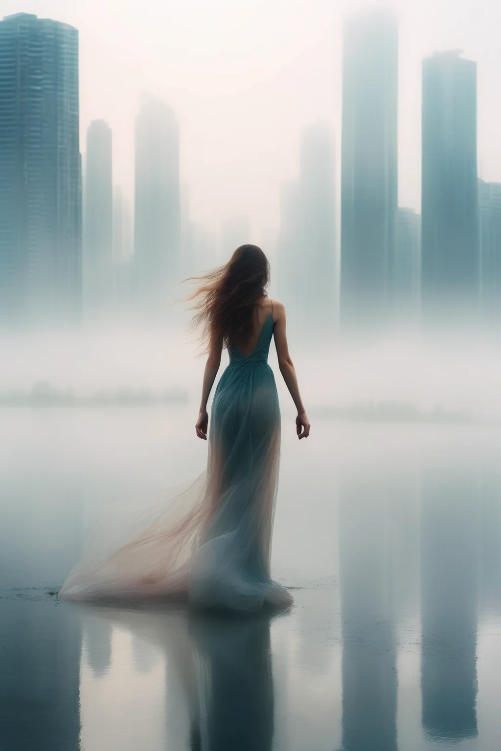 <lora:Elizabeth Gadd Style:1>Elizabeth Gadd Style - a distant urban lanscape with skyscrapers in the back and behind some slight fog, very far, a large lake in the middle and nothing but a beautiful woman in the front wearing an extremely long transparent dress that spreads all over the ground with a very long trail and having very long hair, turning her back to us, wearing a neon light umbrella under the rain, next to an empty and damaged bench, nothing else around, all mostly using neutral and blueish colors