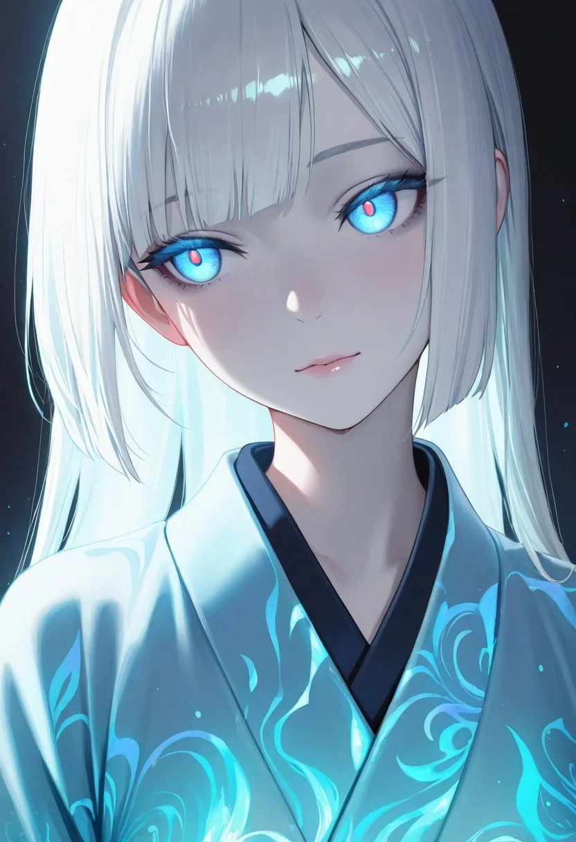 masterpiece,best quality,amazing quality, anime,
1girl, solo, A close-up of a serene anime girl with pale skin, colored skin, (white skin:1.3, long glossy white hair with bangs, long white hair, glowing blue eyes with a hypnotic effect, soft warm lighting, wearing a light blue kimono, mysterious and cozy atmosphere, detailed hair texture, cinematic lighting, dark background, ultra-detailed, 8k resolution